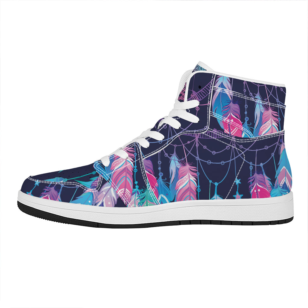 Teal And Purple Dream Catcher Print High Top Leather Sneakers