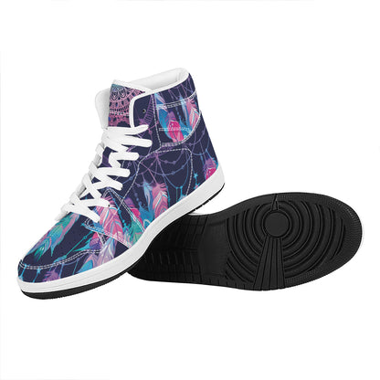 Teal And Purple Dream Catcher Print High Top Leather Sneakers