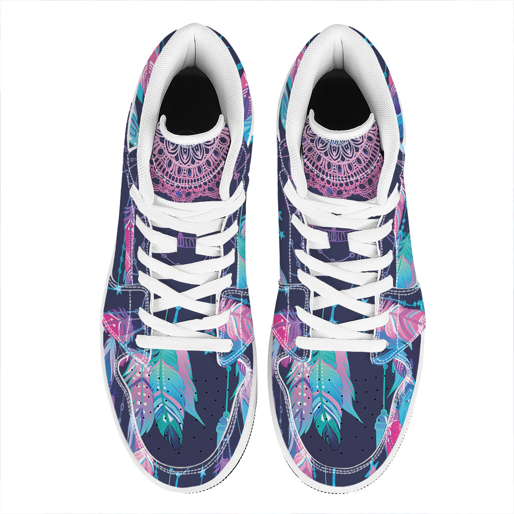 Teal And Purple Dream Catcher Print High Top Leather Sneakers