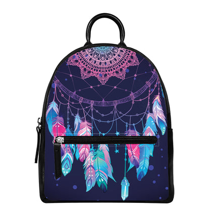 Teal And Purple Dream Catcher Print Leather Backpack