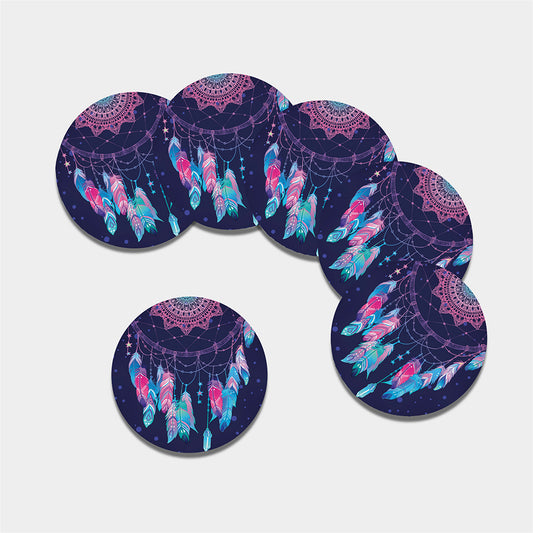 Teal And Purple Dream Catcher Print Leather Coaster Set
