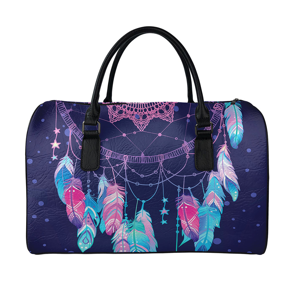 Teal And Purple Dream Catcher Print Leather Duffle Bag