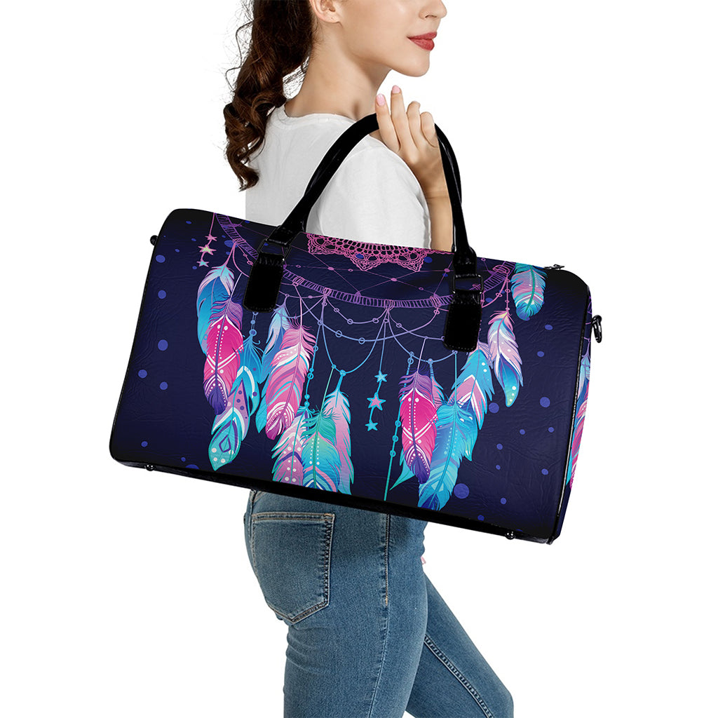 Teal And Purple Dream Catcher Print Leather Duffle Bag