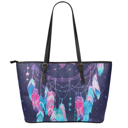 Teal And Purple Dream Catcher Print Leather Tote Bag