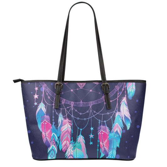Teal And Purple Dream Catcher Print Leather Tote Bag