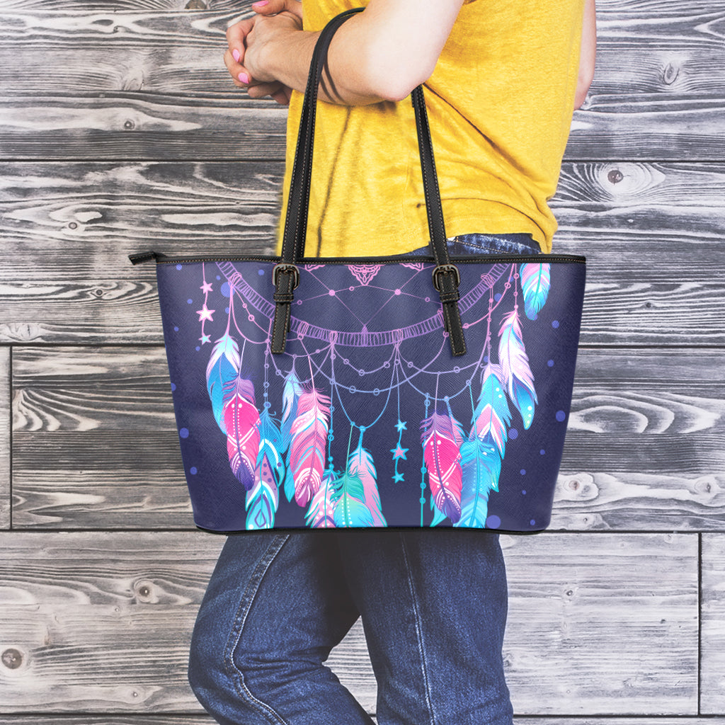 Teal And Purple Dream Catcher Print Leather Tote Bag