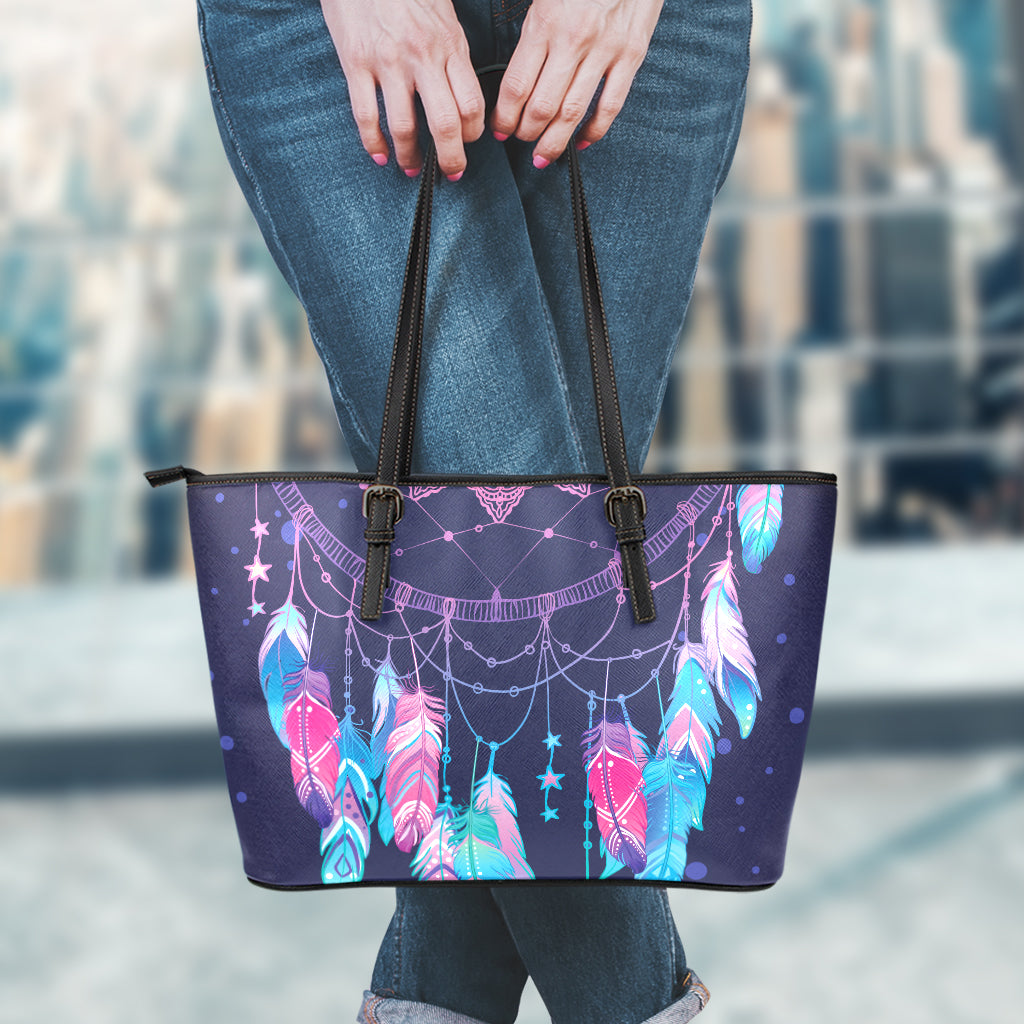Teal And Purple Dream Catcher Print Leather Tote Bag