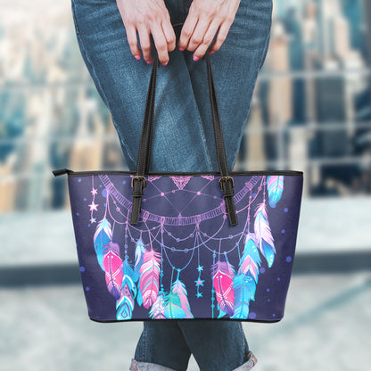 Teal And Purple Dream Catcher Print Leather Tote Bag