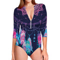 Teal And Purple Dream Catcher Print Long Sleeve Swimsuit