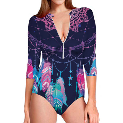 Teal And Purple Dream Catcher Print Long Sleeve Swimsuit