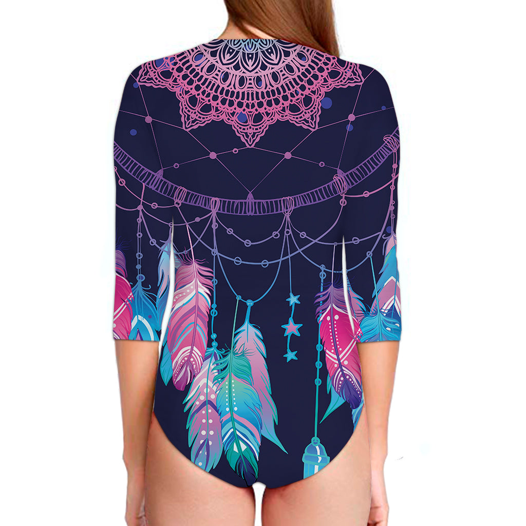 Teal And Purple Dream Catcher Print Long Sleeve Swimsuit