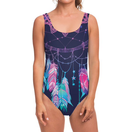Teal And Purple Dream Catcher Print One Piece Swimsuit
