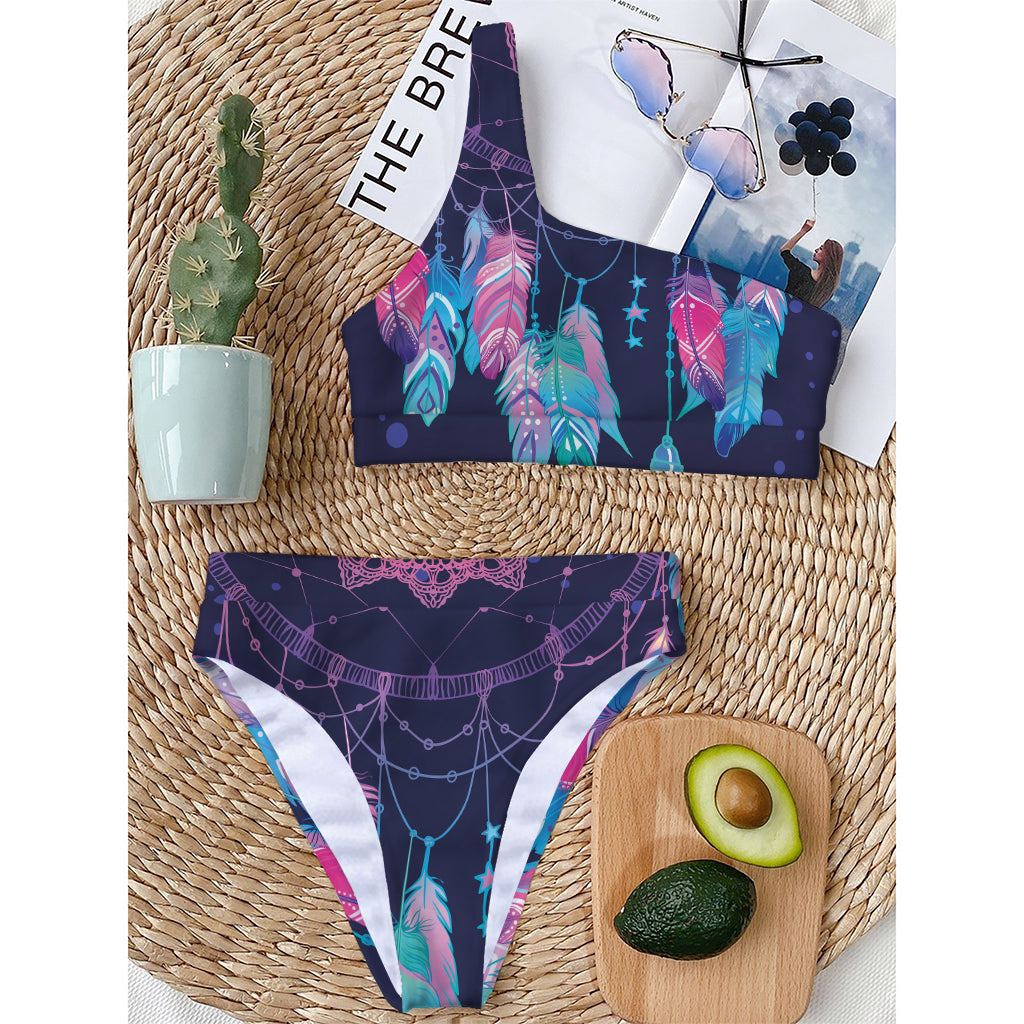 Teal And Purple Dream Catcher Print One Shoulder Bikini Top