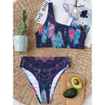 Teal And Purple Dream Catcher Print One Shoulder Bikini Top