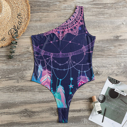 Teal And Purple Dream Catcher Print One Shoulder Bodysuit