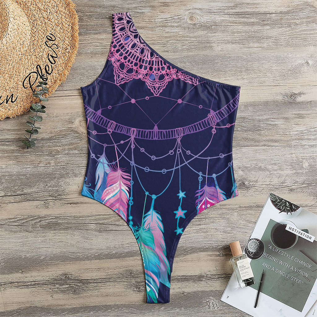 Teal And Purple Dream Catcher Print One Shoulder Bodysuit