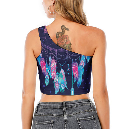 Teal And Purple Dream Catcher Print One Shoulder Crop Top