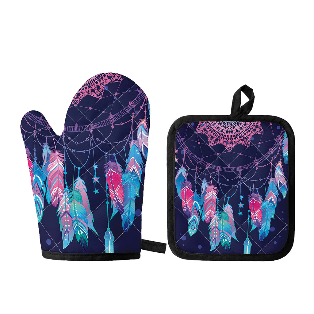 Teal And Purple Dream Catcher Print Oven Mitt And Pot Holder Set