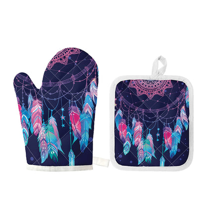 Teal And Purple Dream Catcher Print Oven Mitt And Pot Holder Set