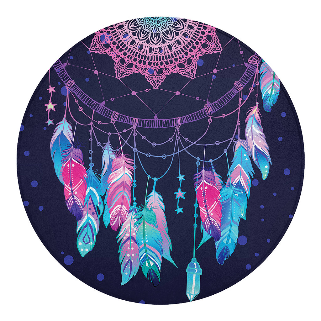 Teal And Purple Dream Catcher Print Round Blanket