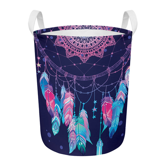 Teal And Purple Dream Catcher Print Round Laundry Basket