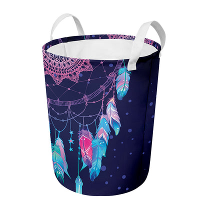 Teal And Purple Dream Catcher Print Round Laundry Basket