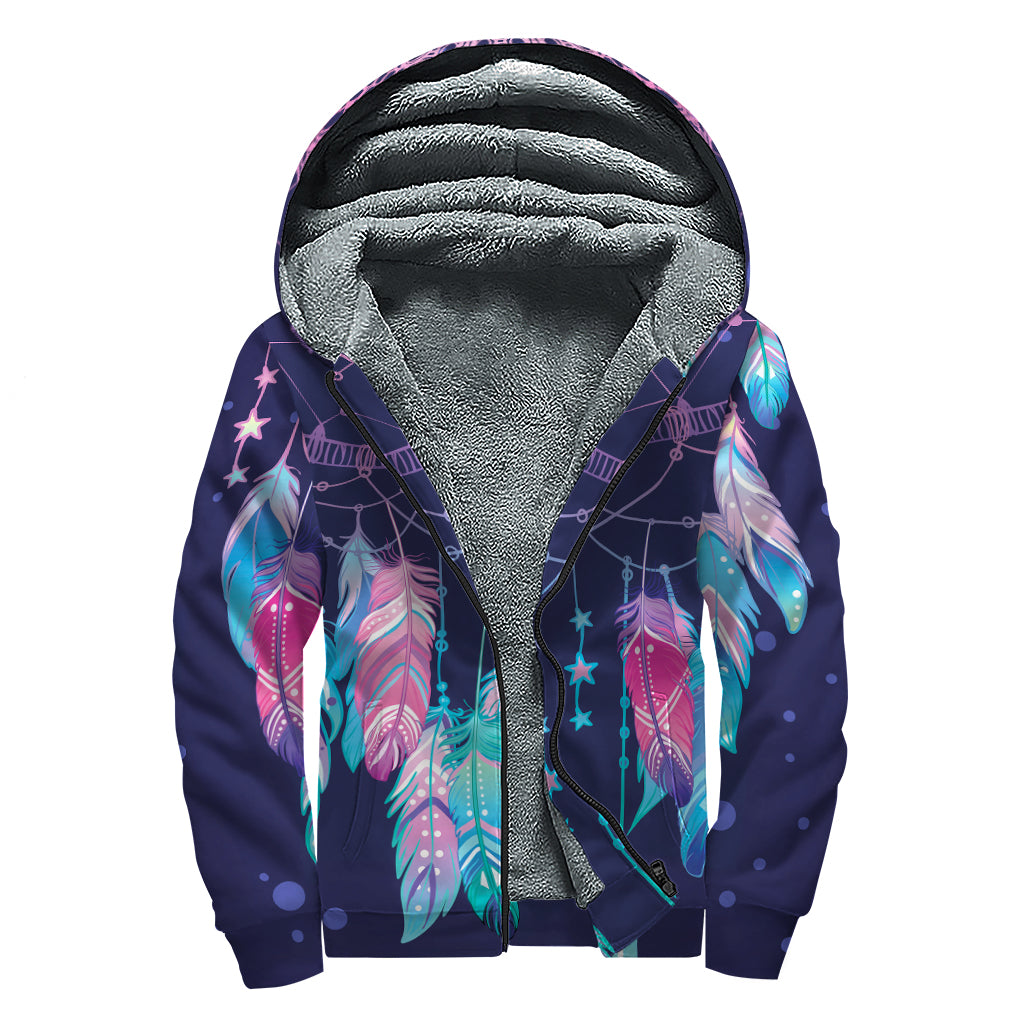 Teal And Purple Dream Catcher Print Sherpa Lined Zip Up Hoodie