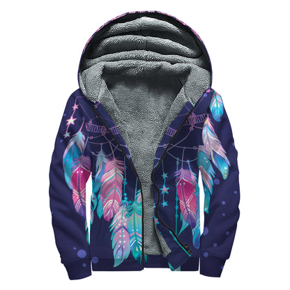 Teal And Purple Dream Catcher Print Sherpa Lined Zip Up Hoodie