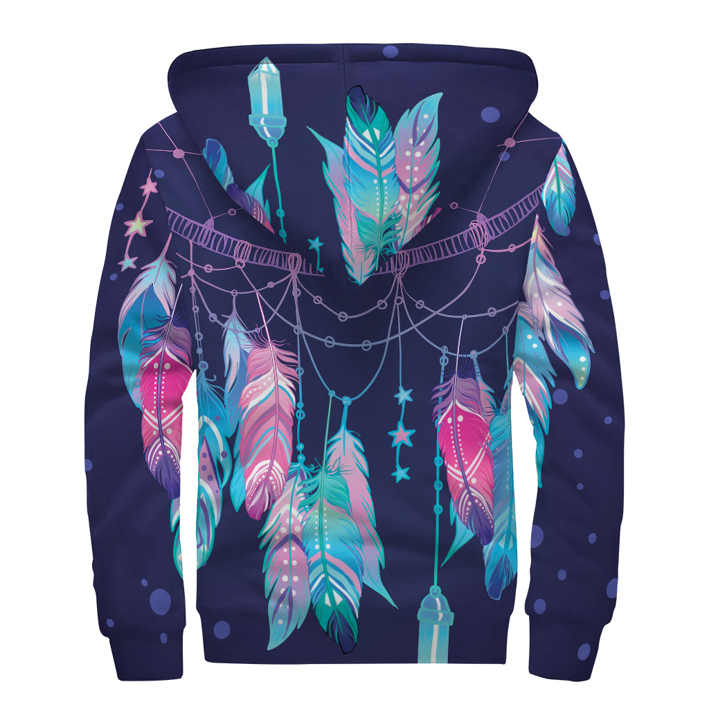 Teal And Purple Dream Catcher Print Sherpa Lined Zip Up Hoodie