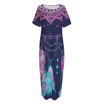 Teal And Purple Dream Catcher Print Short Sleeve Long Nightdress