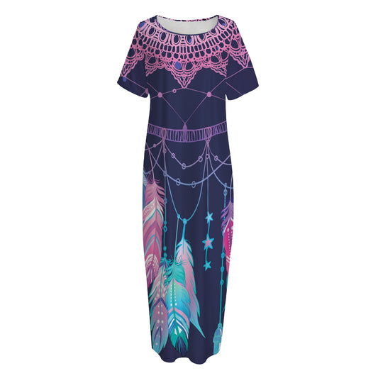 Teal And Purple Dream Catcher Print Short Sleeve Long Nightdress