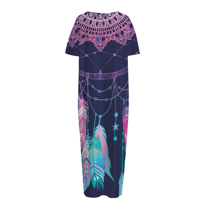 Teal And Purple Dream Catcher Print Short Sleeve Long Nightdress