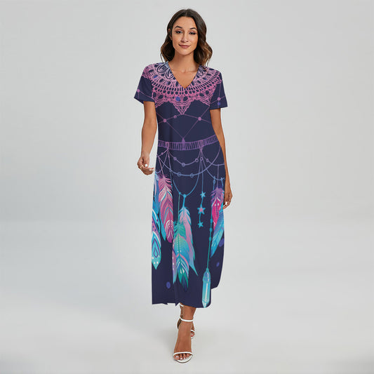 Teal And Purple Dream Catcher Print Short Sleeve Maxi Dress
