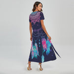 Teal And Purple Dream Catcher Print Short Sleeve Maxi Dress