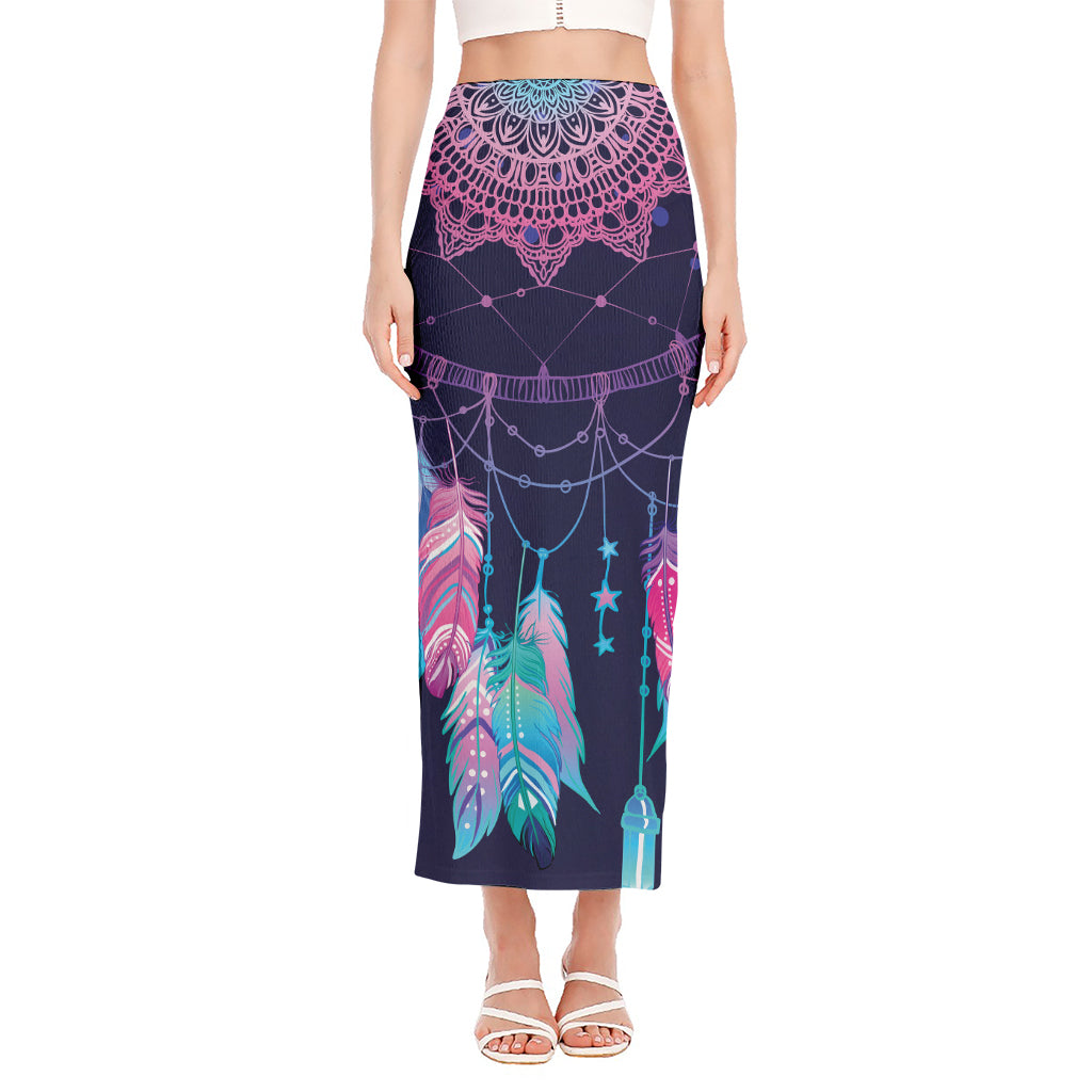 Teal And Purple Dream Catcher Print Side Slit Maxi Skirt