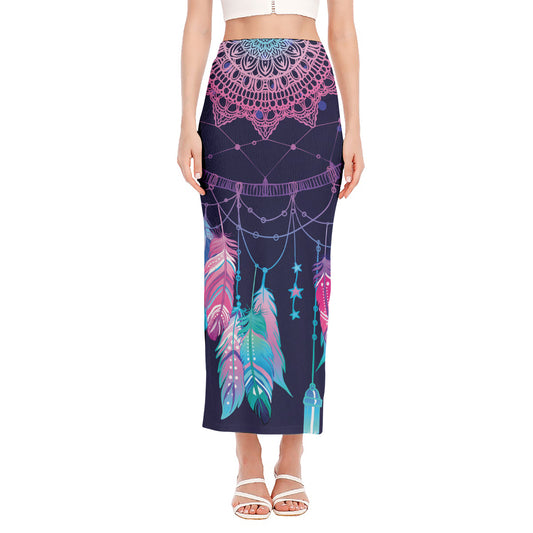 Teal And Purple Dream Catcher Print Side Slit Maxi Skirt