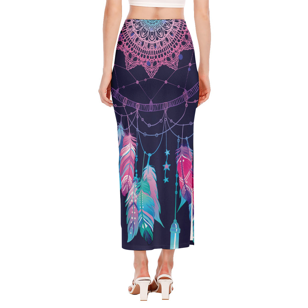 Teal And Purple Dream Catcher Print Side Slit Maxi Skirt