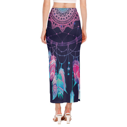 Teal And Purple Dream Catcher Print Side Slit Maxi Skirt