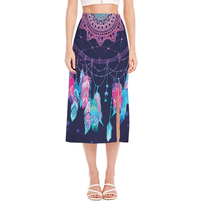 Teal And Purple Dream Catcher Print Side Slit Midi Skirt