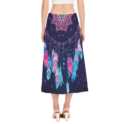 Teal And Purple Dream Catcher Print Side Slit Midi Skirt