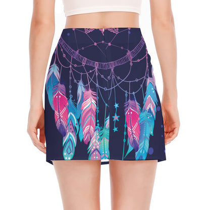 Teal And Purple Dream Catcher Print Side Slit Mini Skirt