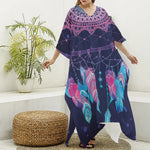 Teal And Purple Dream Catcher Print Silk V-Neck Kaftan Dress