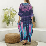 Teal And Purple Dream Catcher Print Silk V-Neck Kaftan Dress