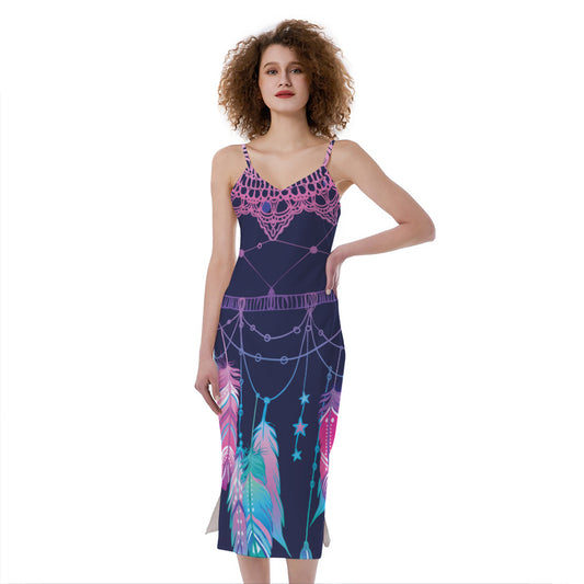 Teal And Purple Dream Catcher Print Slim Fit Midi Cami Dress