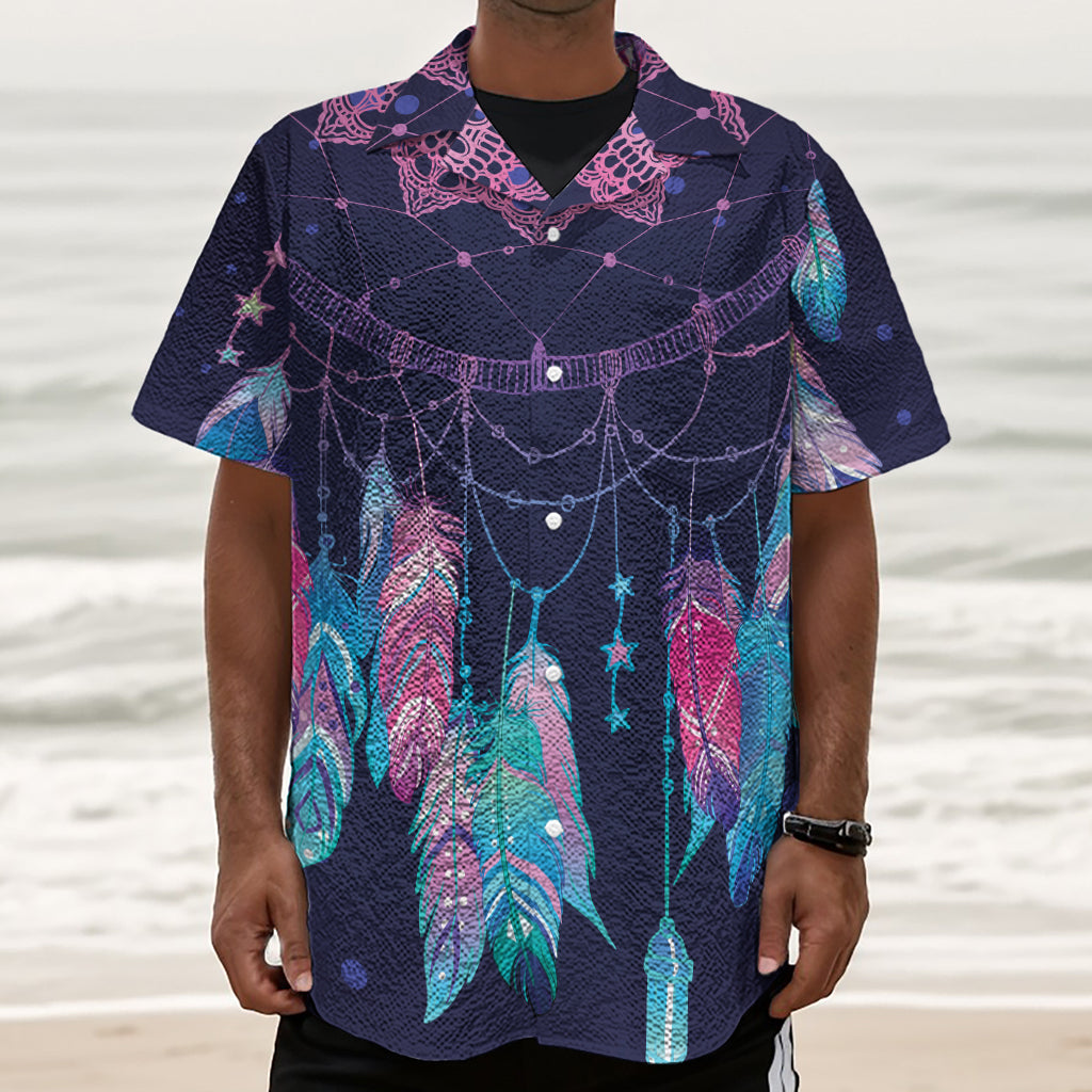 Teal And Purple Dream Catcher Print Textured Short Sleeve Shirt