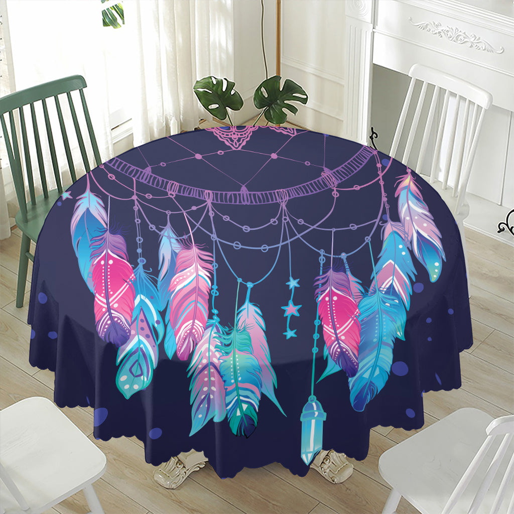 Teal And Purple Dream Catcher Print Waterproof Round Tablecloth