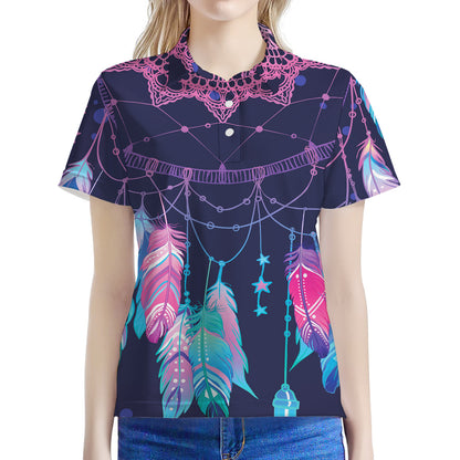 Teal And Purple Dream Catcher Print Women's Polo Shirt