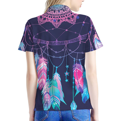 Teal And Purple Dream Catcher Print Women's Polo Shirt