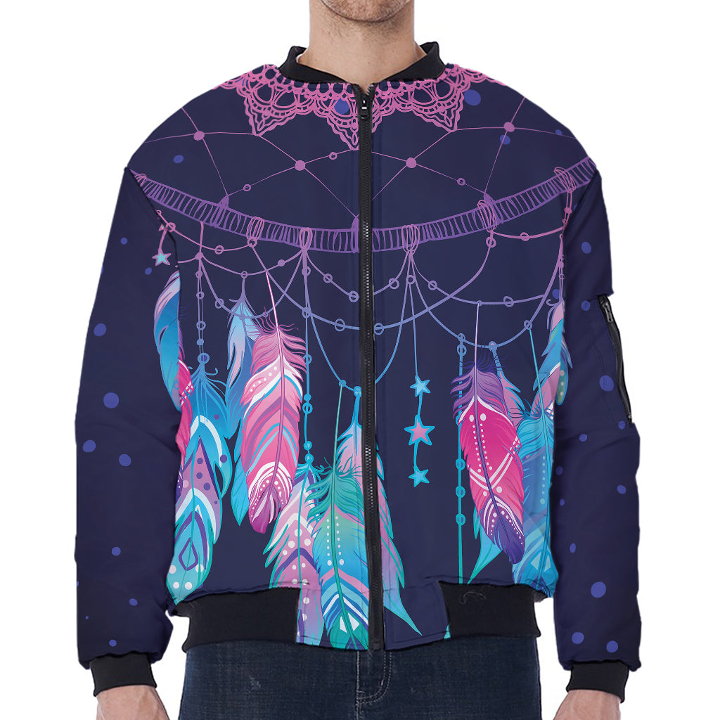 Teal And Purple Dream Catcher Print Zip Sleeve Bomber Jacket