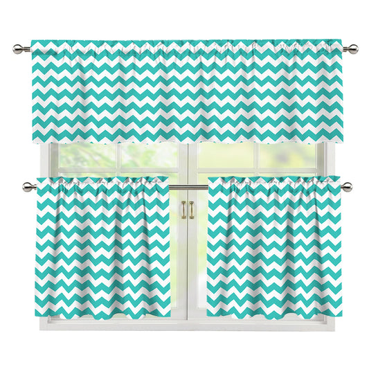 Teal And White Chevron Pattern Print 3 Piece Kitchen Curtains